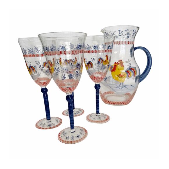 Unbranded Other - Hand Painted Rooster Glass Pitcher and 4 Glasses Set Cottage Farm Core